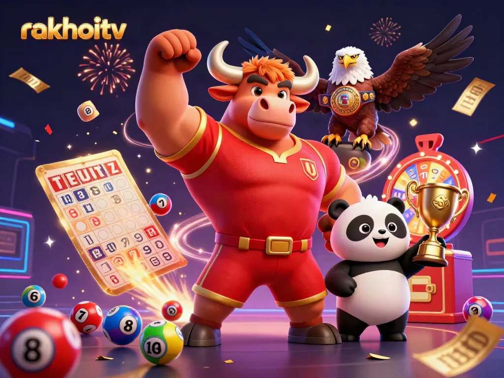 Experience the excitement of rakhoitv with a playful 3D bull mascot winning alongside an eagle and panda.