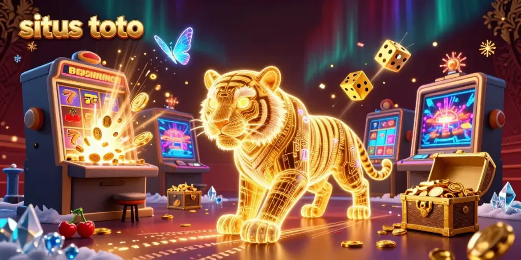 Experience situs toto excitement with a vibrant, animated casino scene featuring a glowing tiger.