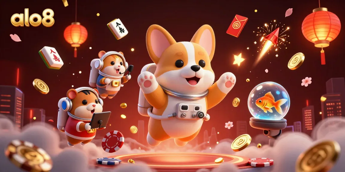 Engaging scene at alo8 casino featuring a cartoon corgi astronaut, golden coins, and floating game elements.