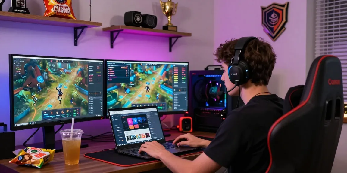 CICAKWIN gaming workspace scene showcasing vibrant game graphics and an engaged gamer in a cozy, high-tech environment.