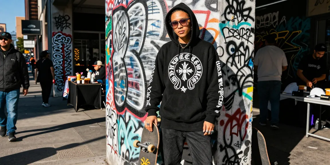 Stylish individual showcasing Chrome Hearts apparel and accessories in an urban graffiti setting.