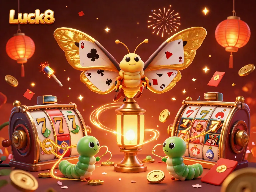 Luck8 showcases a vibrant casino scene with a golden moth and spinning slot reels, celebrating wins.