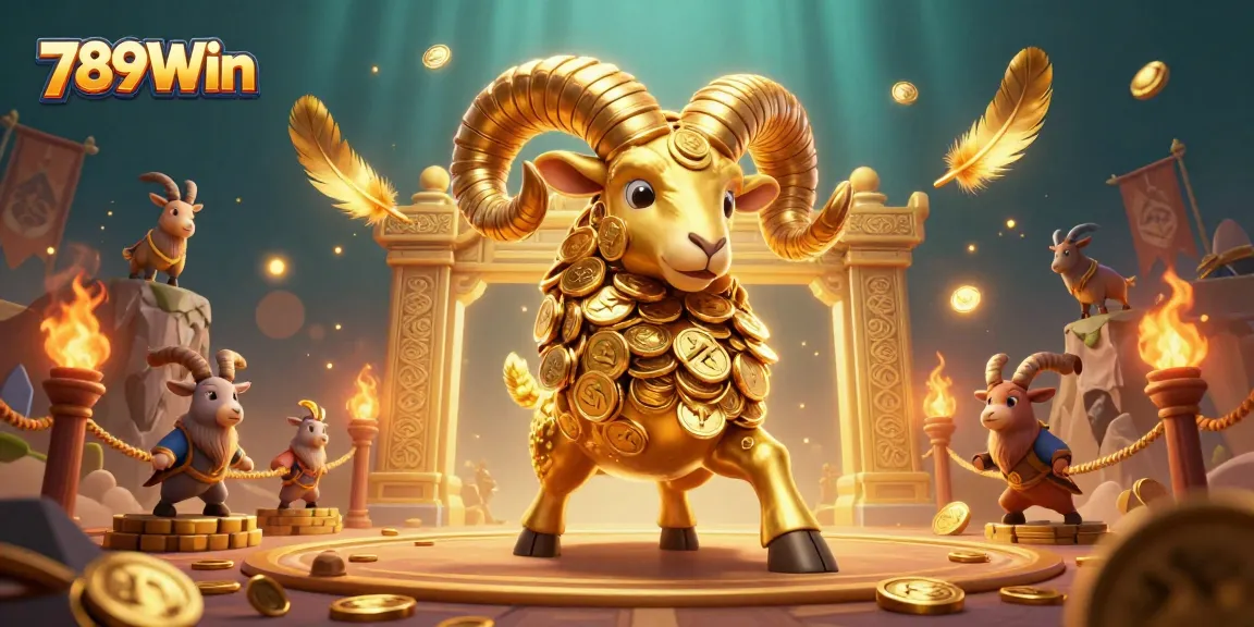Experience the thrill of 789Win with a golden ram charging through a dynamic casino scene filled with treasures.