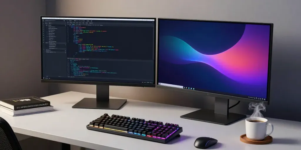 The image features a modern developer workspace showcasing a dual monitor setup with coding software, emphasizing the .co.uk renewal price alongside software development tools.