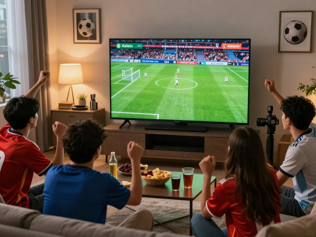 Excited friends watching a live match on Xoilactv in a stylish living room.