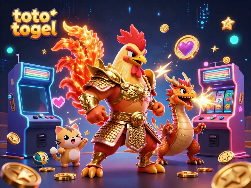 Experience thrilling action with toto togel in this vibrant 3D casino illustration featuring a rooster warrior and dragon.