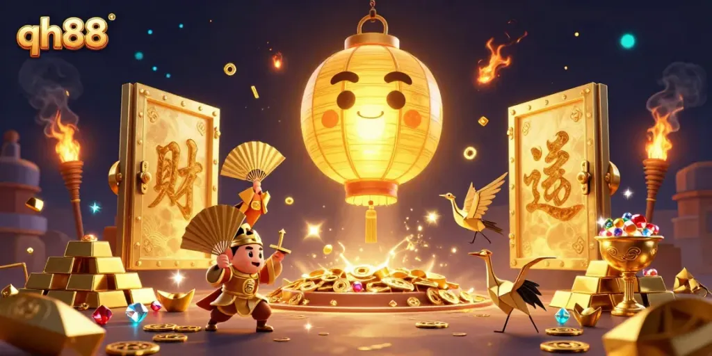 Experience thrilling gameplay at qh88 with golden treasures and spirits in a vibrant casino scene