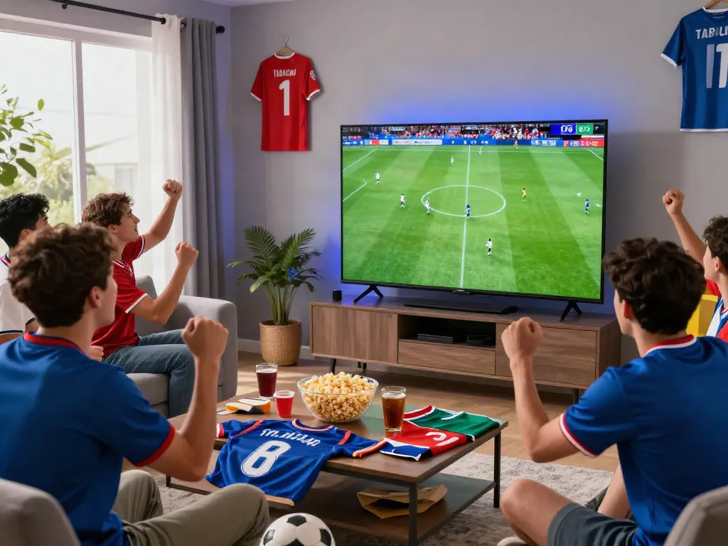 Friends enjoying a live football match on Thapcamtv with snacks and team jerseys.