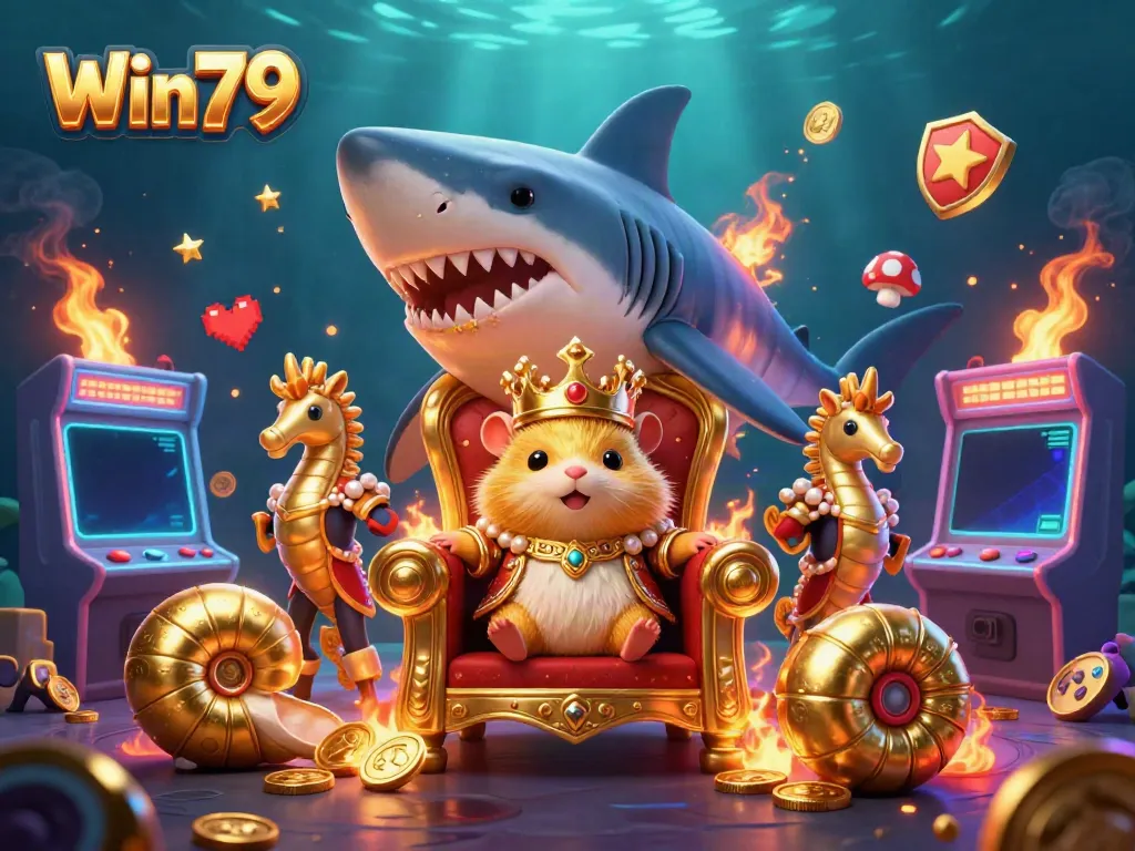 Experience the vibrant world of Win79 with a fierce golden hamster king and seahorse guards in a thrilling casino-themed scene.
