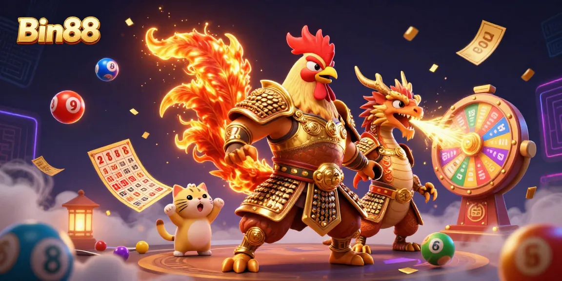 Engage with Bin88 casino excitement featuring vibrant lottery elements and heroic characters.