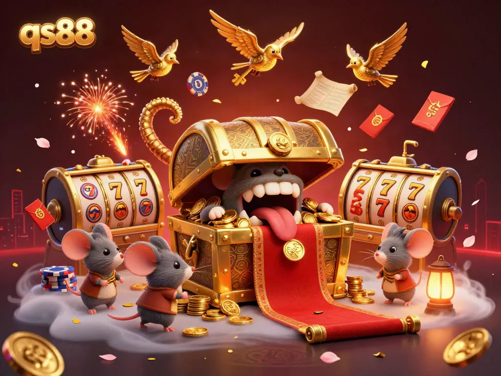 qs88 captures the thrill of slots with a vibrant casino illustration filled with lucky symbols and adventure.