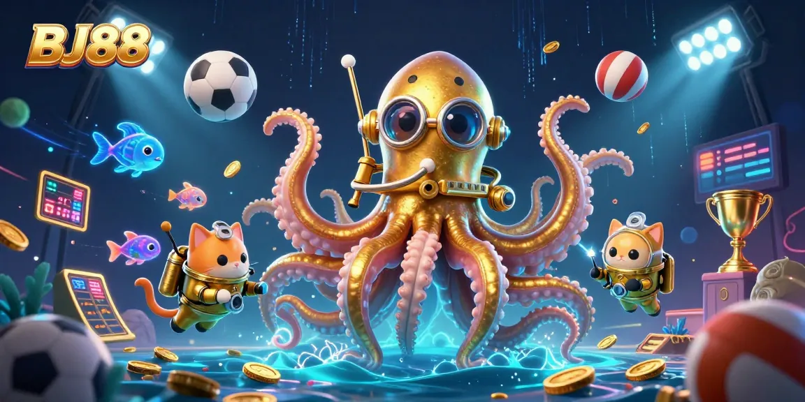 Engage with BJ88's thrilling betting environment featuring vibrant characters and dynamic sports elements.