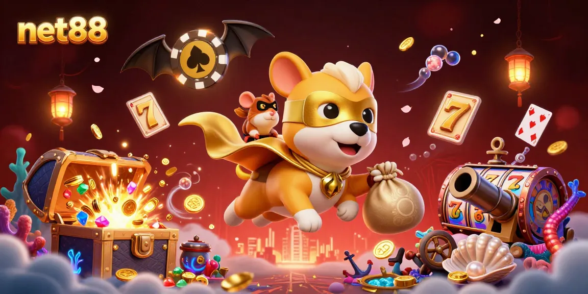 Engage with net88 in an exciting casino-themed adventure featuring a superhero dog and treasure elements.