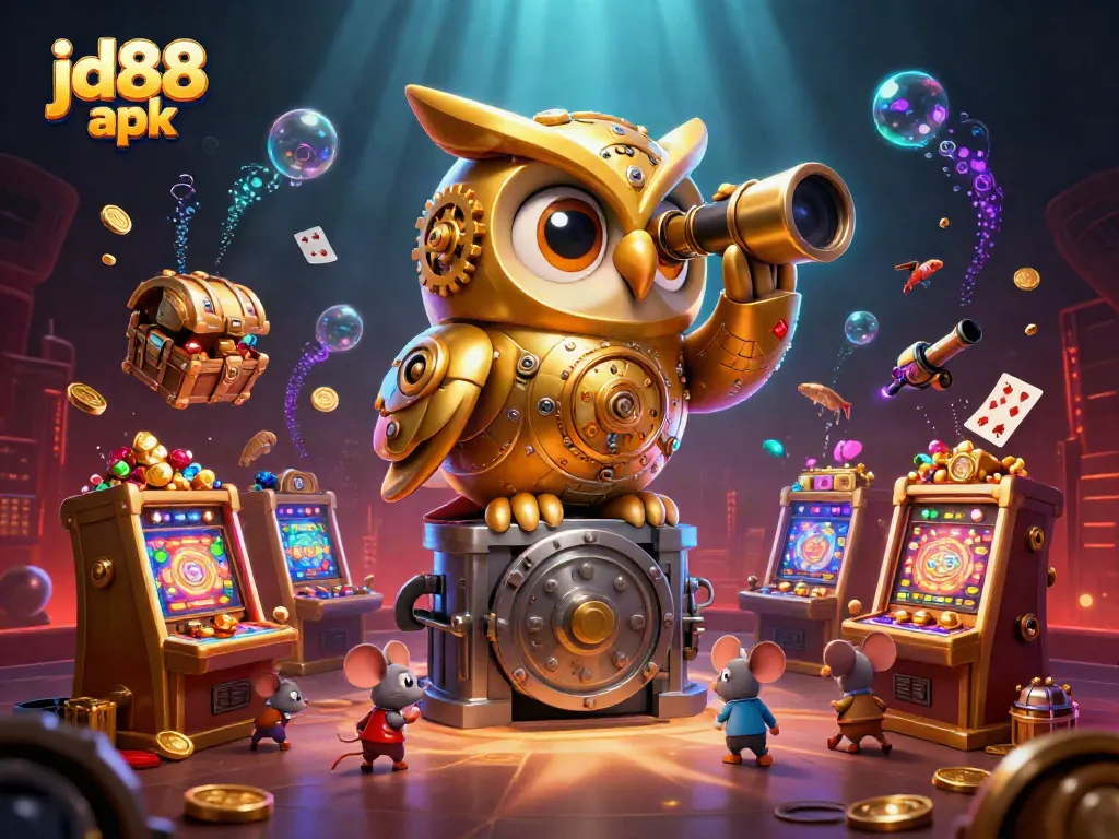 Experience the thrill of jd88 apk with a 3D golden owl and tiny mice in a vibrant casino scene.