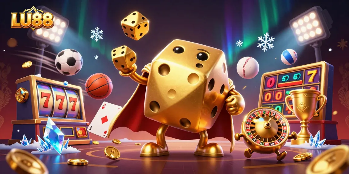 LU88 illustrates exciting slots action with a golden dice golem and sports elements
