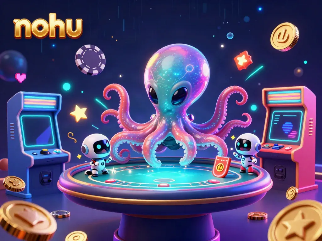 Experience thrilling gameplay in nohu with an alien octopus and arcade machines in a vibrant casino scene.