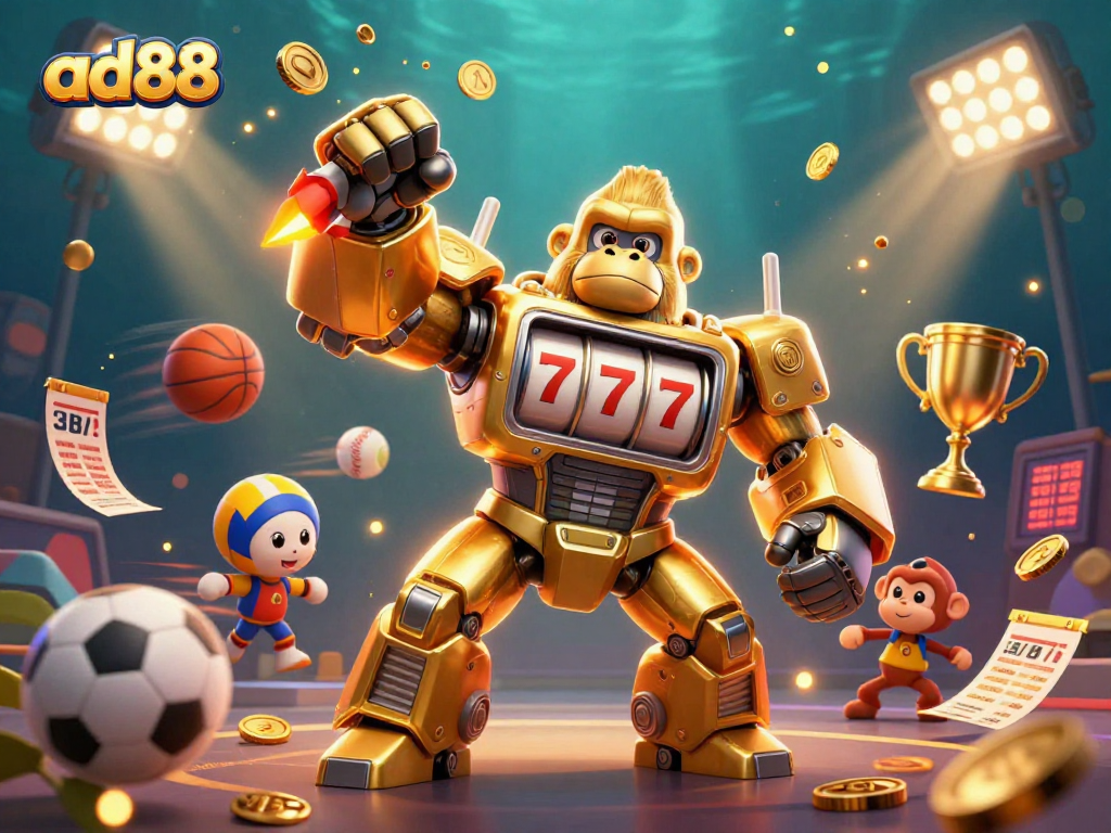 Experience excitement at ad88 with a dynamic scene featuring a golden gorilla mech amidst flying sports balls and gold coins.