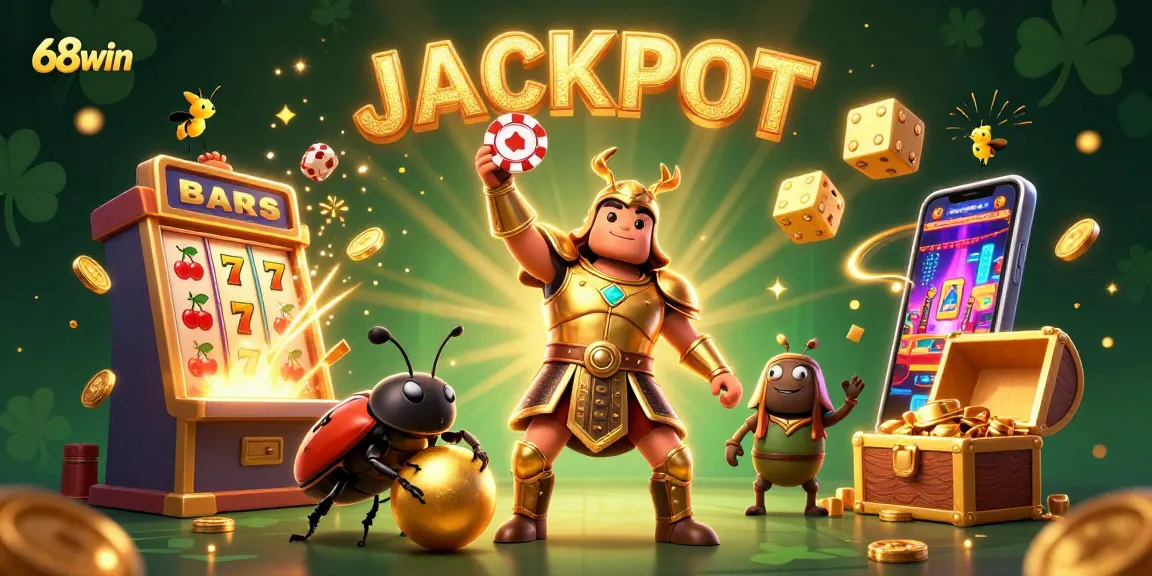 Engage with 68win’s thrilling 3D casino illustration showcasing a victorious beetle with jackpot elements.