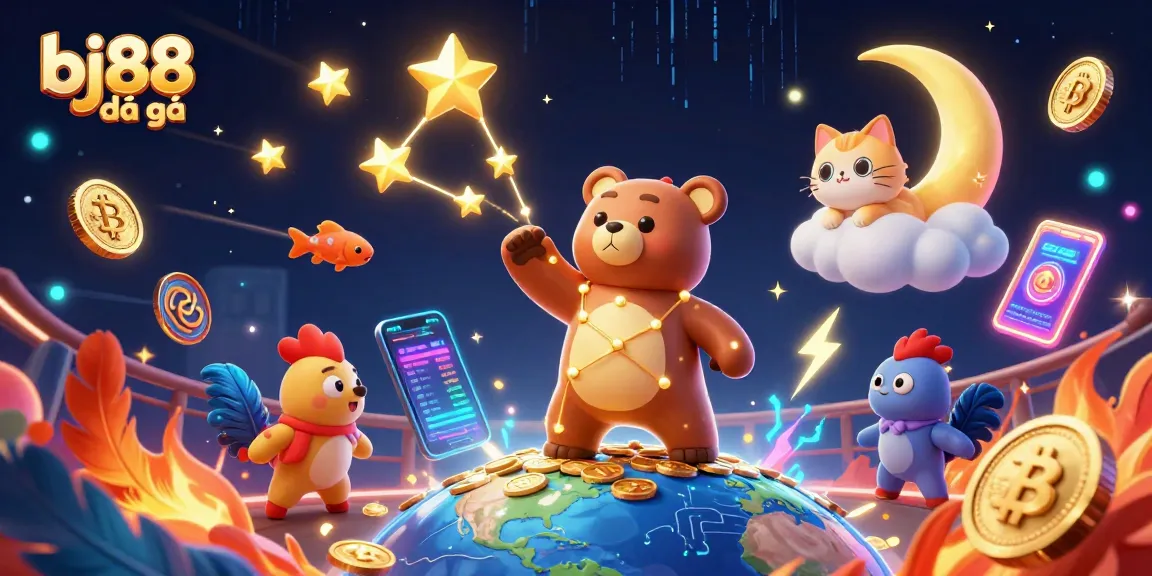 Engage with bj88 đá gà as the constellation bear interacts in an energetic cockfighting arena, illuminated with colorful flames and floating coins.