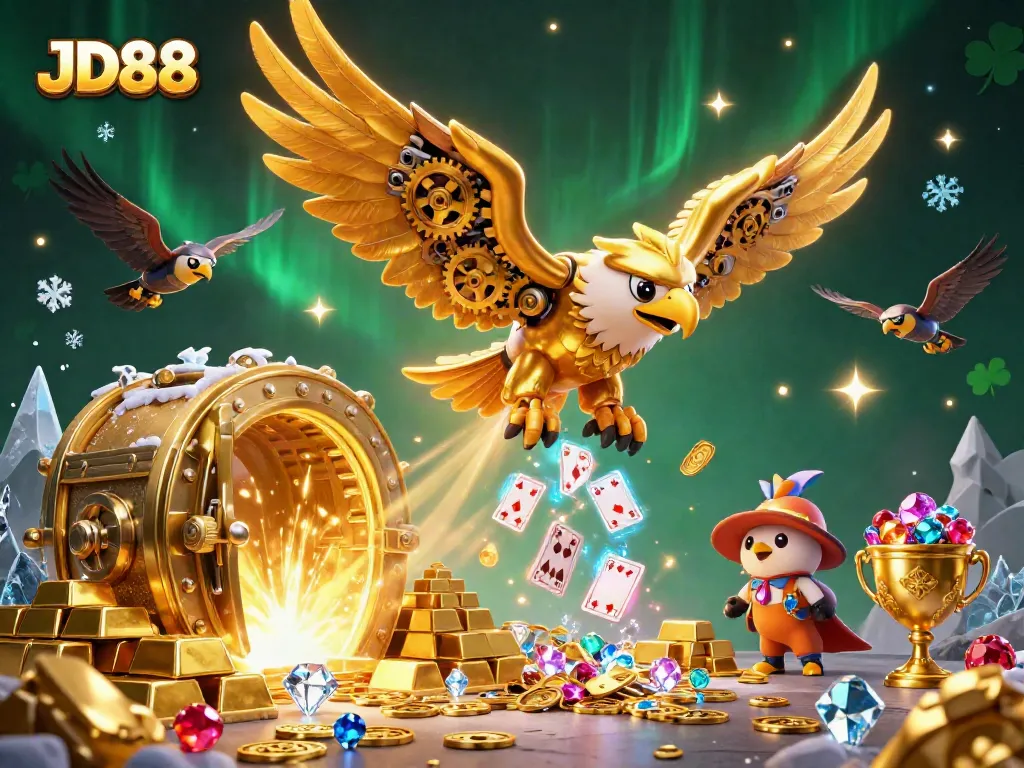 Engage in exciting gambling with JD88 featuring a cybernetic eagle amid treasure and playing cards.