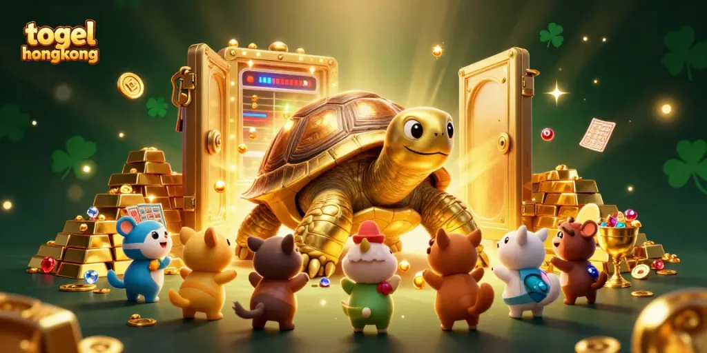 Togel hongkong players enjoy a thrilling lottery experience with lively golden tortoise characters and dazzling treasures.