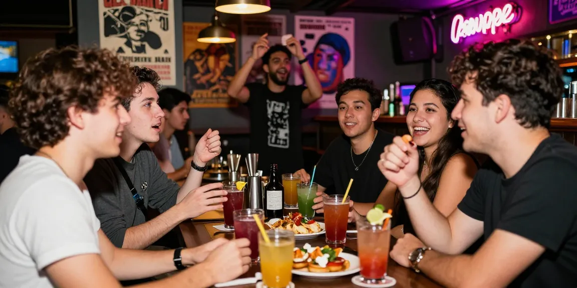 NSFW-themed nightlife scene with friends enjoying vibrant cocktails in a festive bar.