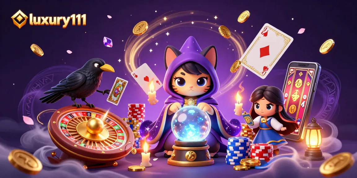 Experience luxury111 with a mystic cat and raven spinning in a vibrant casino scene.