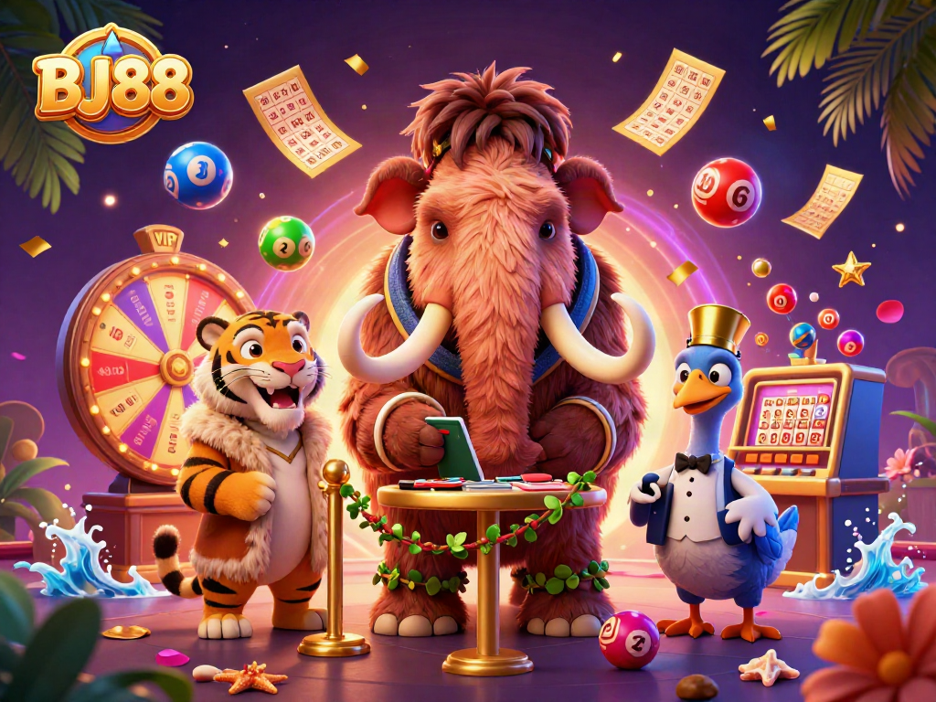Experience the excitement of BJ88 with vibrant lottery elements and casino characters in action.