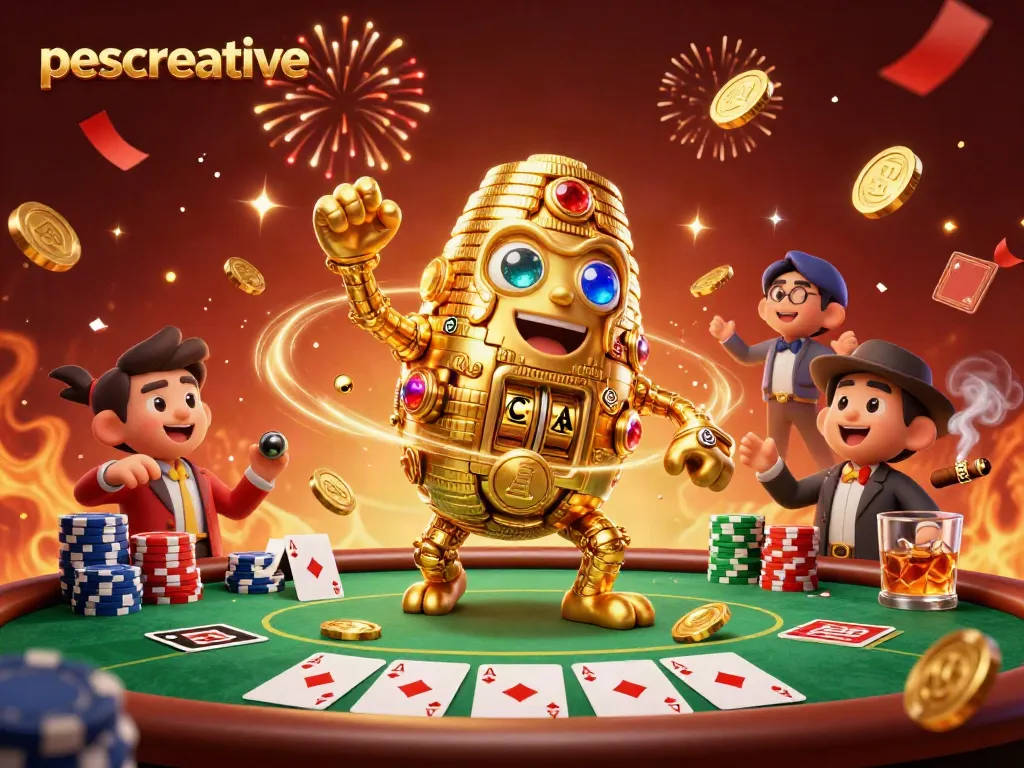 Experience the energy of pescreative’s vibrant casino scene with a golden golem and poker tables.