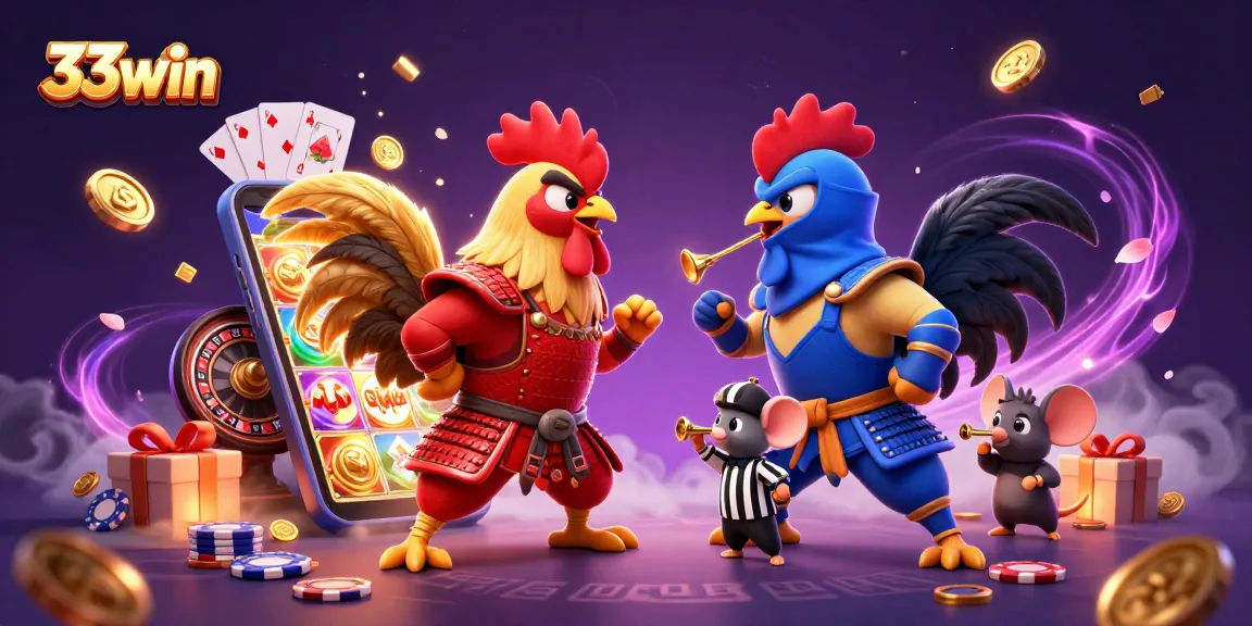 Engage with 33win in a thrilling standoff between fighting roosters in a vibrant casino setting.