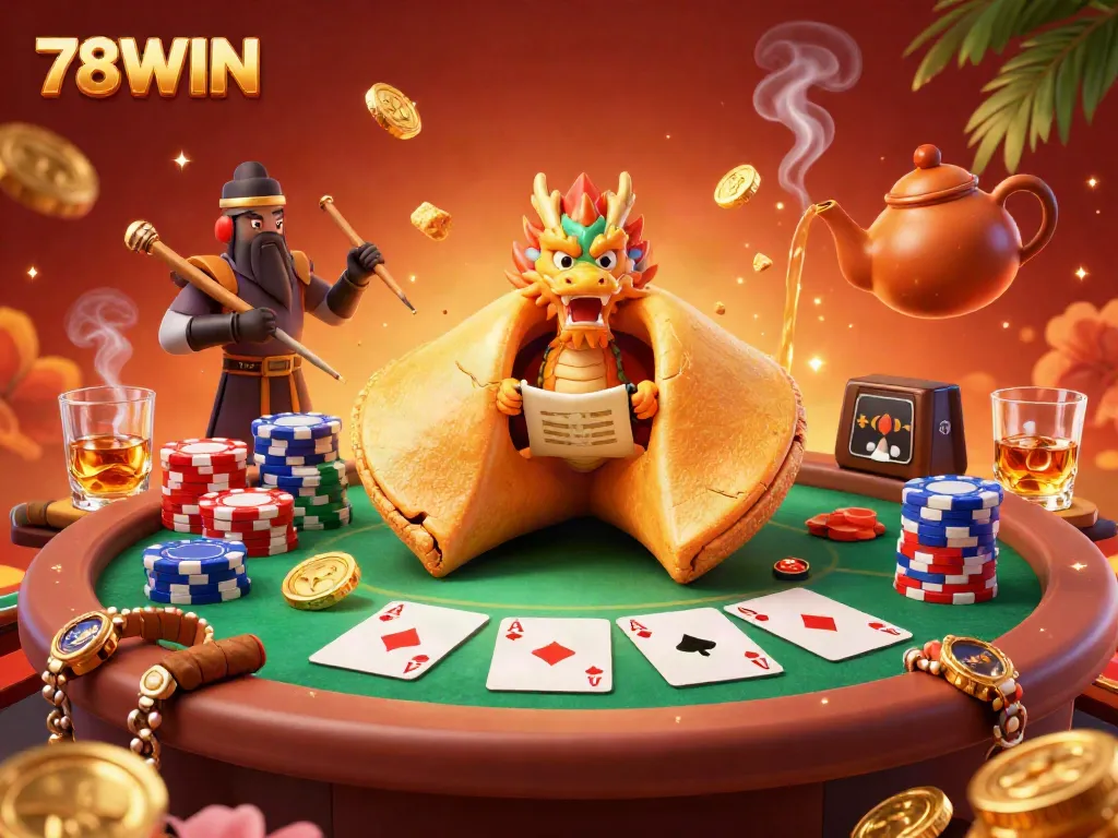 Engage with 78WIN's casino vibe, featuring a golden fortune cookie, dragons, and poker elements in vivid detail.