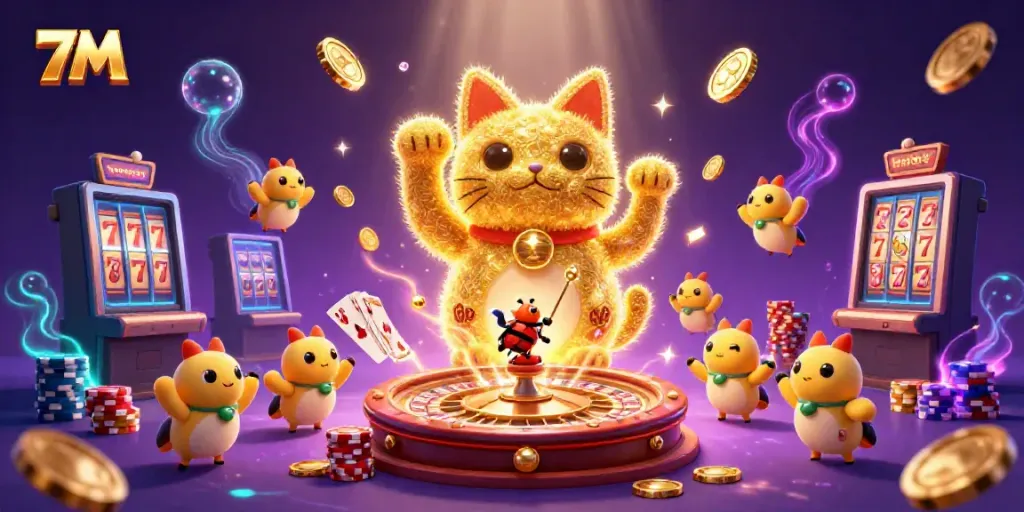 Experience the thrill of 7M with a vibrant 3D lucky cat and casino elements in action.