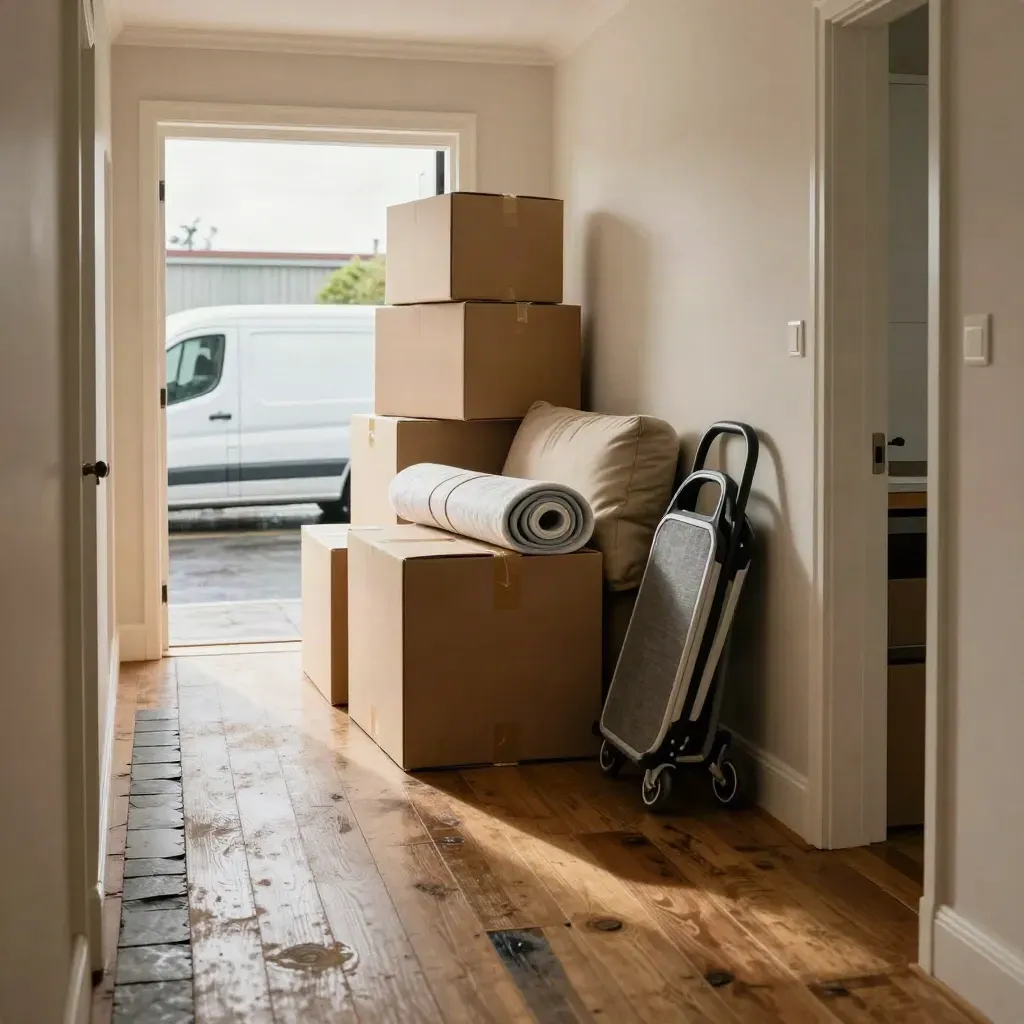 Boxes and moving trolley in hallway, open van waiting outside after rain.