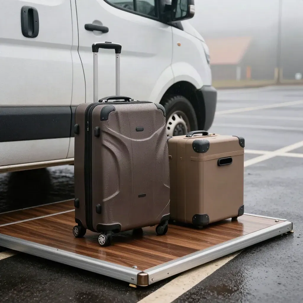 Rainy one-way hire van beside suitcase and sealed return crate on a drop-off ramp