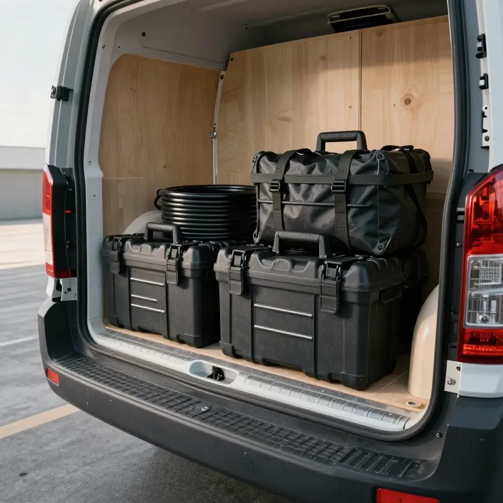 Packed cargo van bay with tool cases, cable drums and strapped freight in a warehouse.