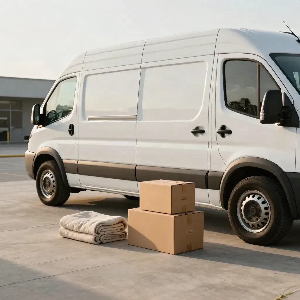 White panel van on a quiet forecourt with rental blankets and sealed boxes ready to go.