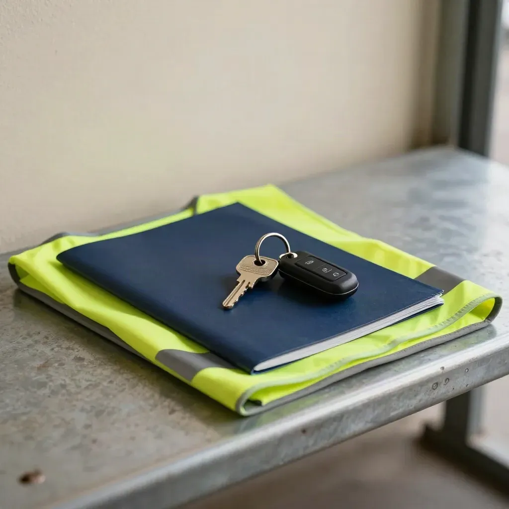 Van key, driver fob, face-down sleeve and hi-vis vest on a depot bench in dramatic light.