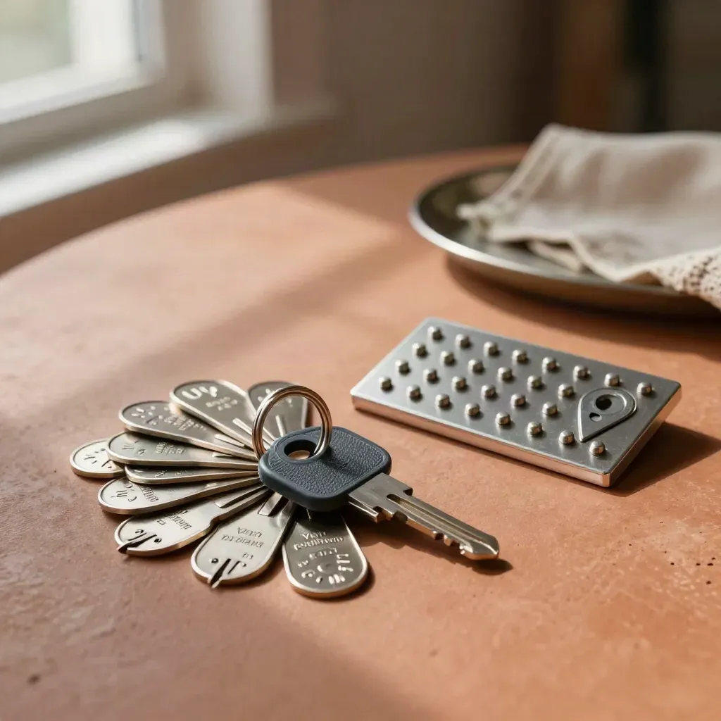 Brushed metal city tokens, van key ring and pin board on a terracotta tabletop.