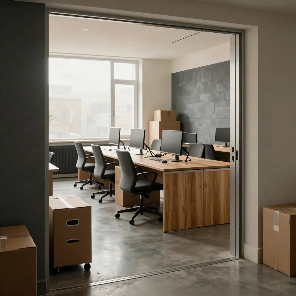 Finished Manchester office move with desks, tucked chairs and stacked boxes in morning haze