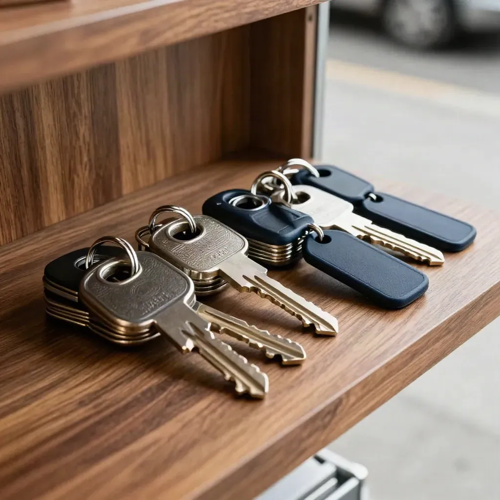 Four van key sets and fleet fobs lined up on a timber depot shelf in cool shadow.