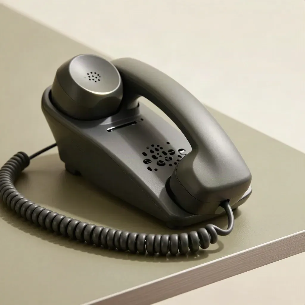 Cordless desk phone handset in cradle with coiled cable and soft glow, close-up