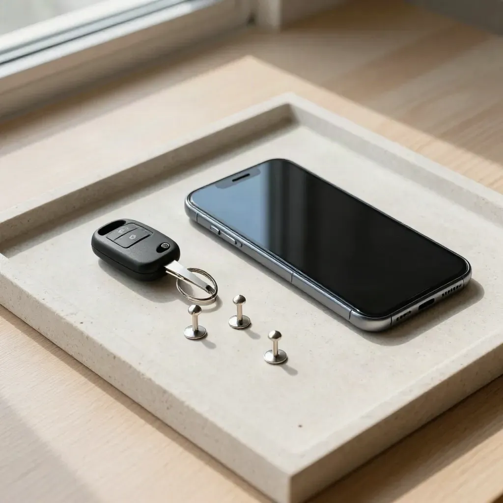 Face-down phone, van key fob and city pins on a stone tray in cool window light.