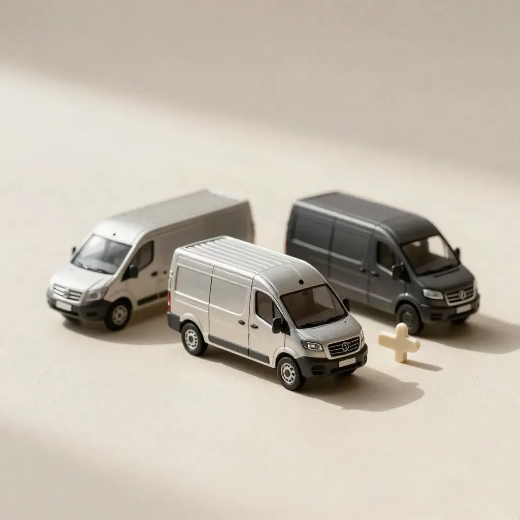Three van models and a one-way arrow token on a cream surface, overhead.