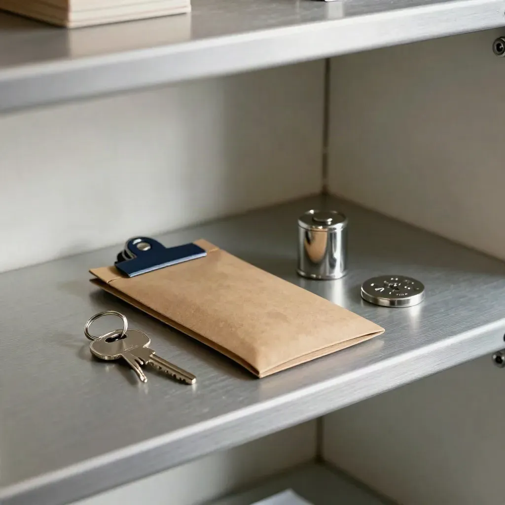 Insurance sleeve, key ring, lock cylinder and extra-driver token on a brushed shelf