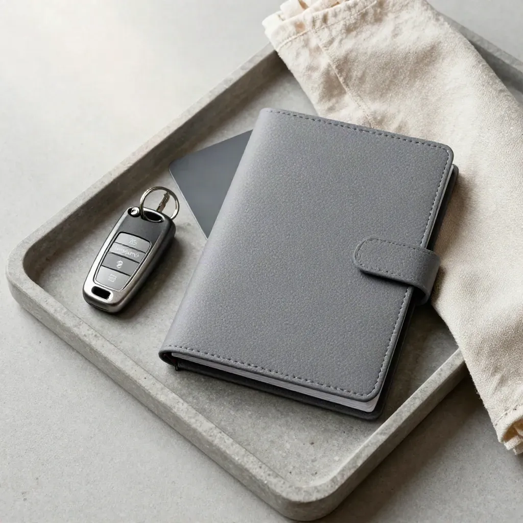 Flatlay of a van key tag, payment card corner and closed booking folder on a stone tray.