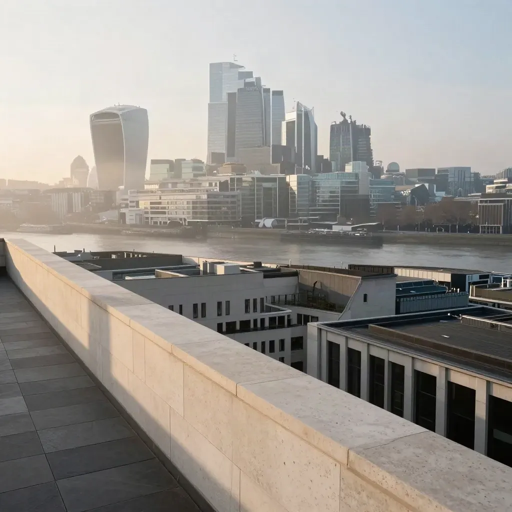 Greater London skyline rising above Thames mist at dawn, calm rooftops below