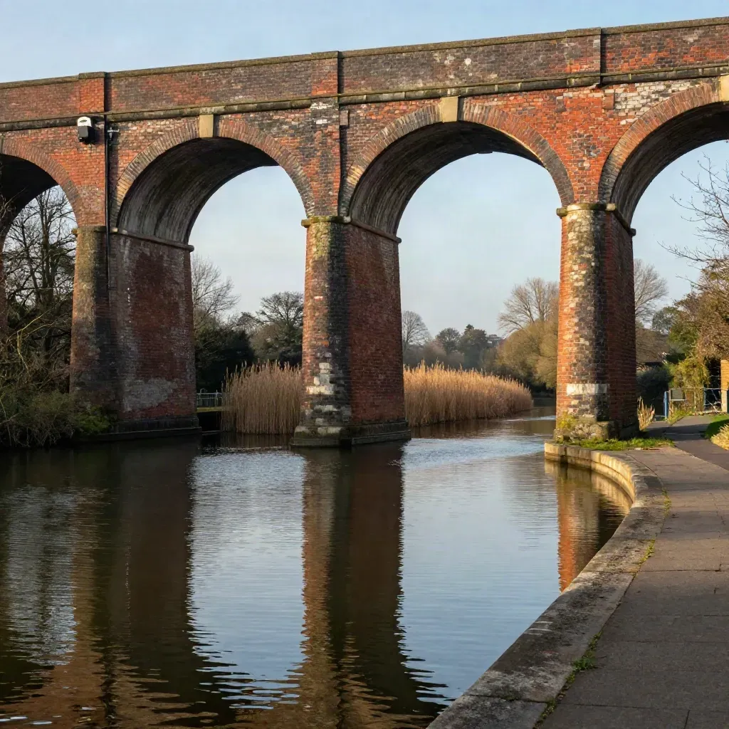 Weathered West Midlands viaduct above a calm canal basin in warm haze