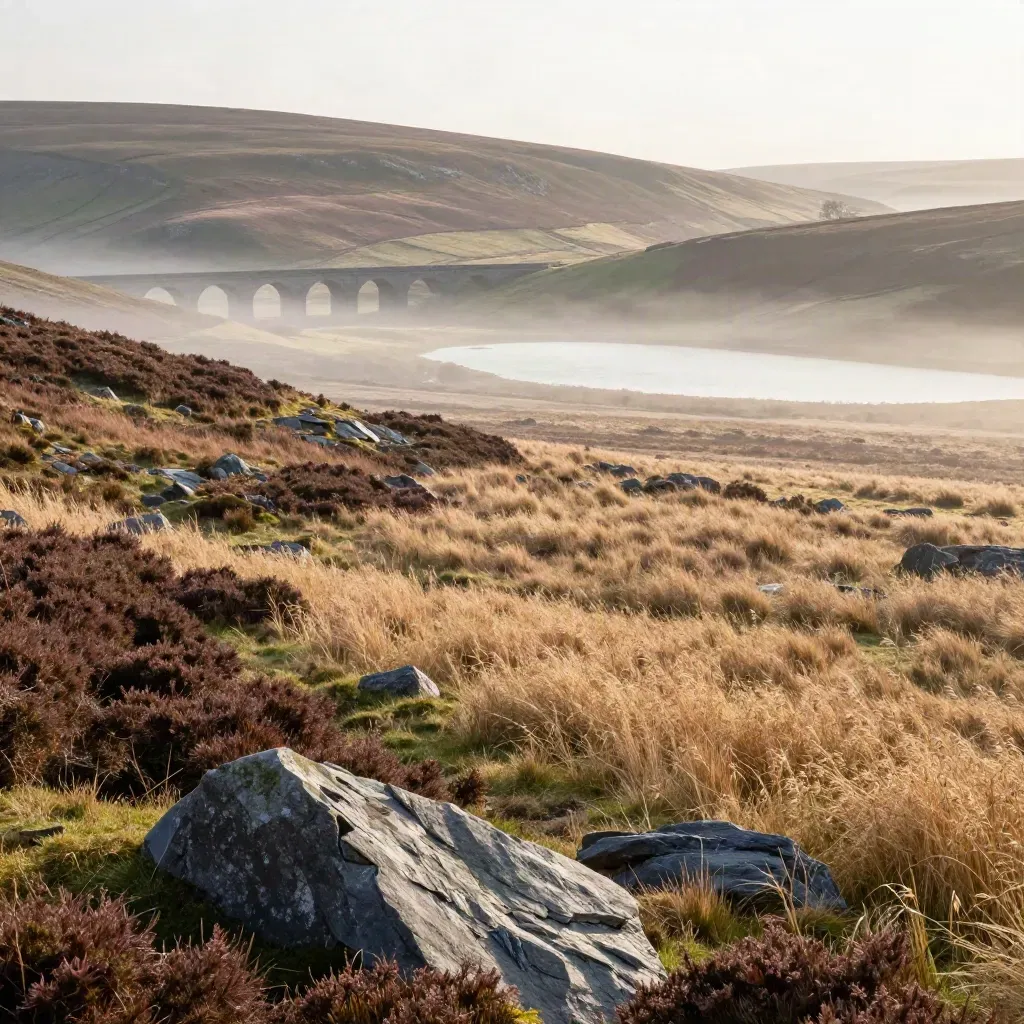 Misty North West moorland with a distant stone viaduct above a pale tarn