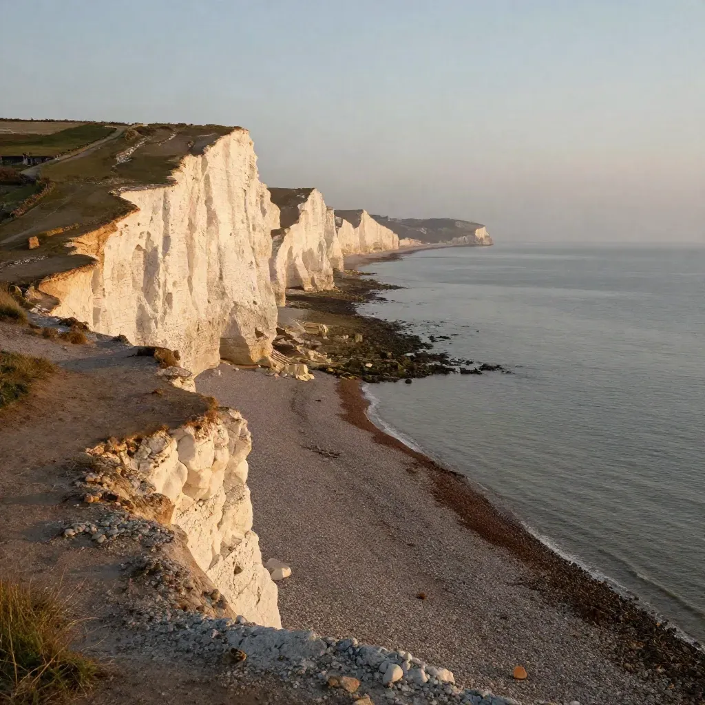 Golden cliffs above a misty South East England shoreline at sunset.