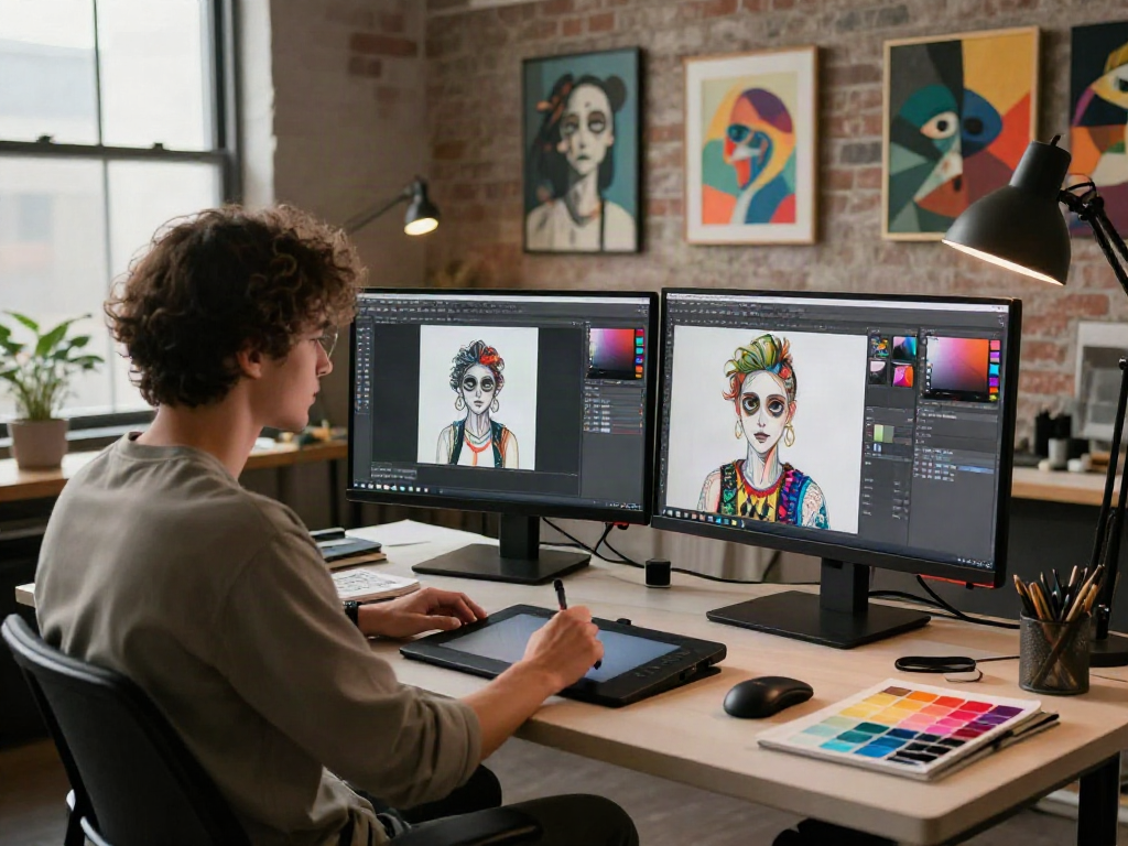 Dynamic artist creating nsfw AI visuals in a modern digital art studio.